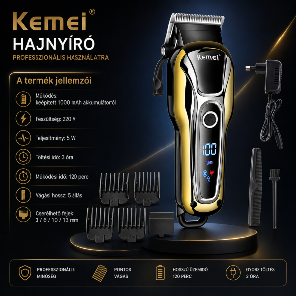 Kemei KM-1990 professzionális akkumulátoros hajvágó - 5 féle hosszúságban állítható - 220V (BBD)