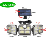 122 SMD LED-es 3 Fejes napelemes kültéri fali lámpa mozgásérzékelővel (BBJH)