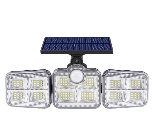 122 SMD LED-es 3 Fejes napelemes kültéri fali lámpa mozgásérzékelővel (BBJH)