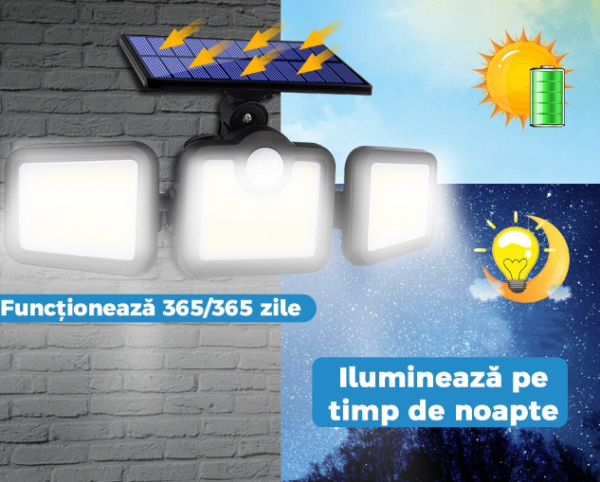 122 SMD LED-es 3 Fejes napelemes kültéri fali lámpa mozgásérzékelővel (BBJH)
