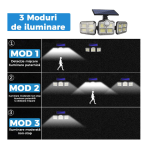 122 SMD LED-es 3 Fejes napelemes kültéri fali lámpa mozgásérzékelővel (BBJH)