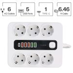 3000W elosztó 5 USB porttal és 1 C csatlakozóval – 10A, fehér színben, hő- és tűzálló kivitelezéssel (BBV)
