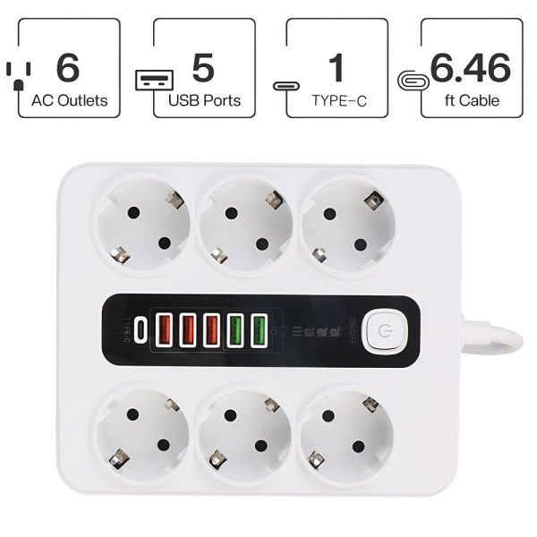3000W elosztó 5 USB porttal és 1 C csatlakozóval – 10A, fehér színben, hő- és tűzálló kivitelezéssel (BBV)