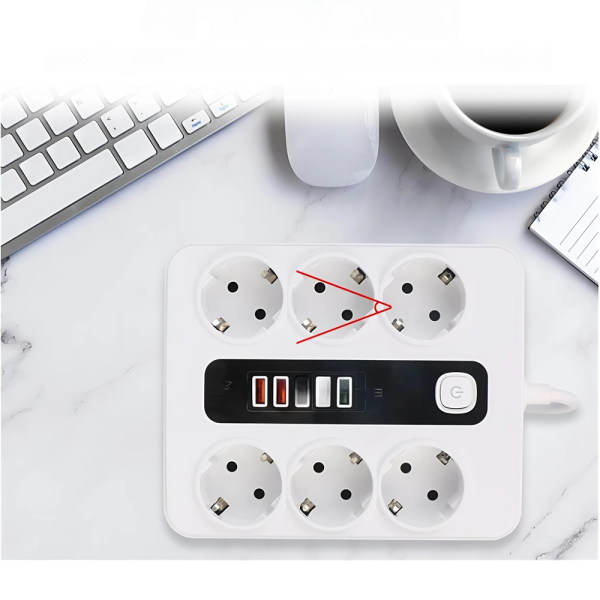 3000W elosztó 5 USB porttal és 1 C csatlakozóval – 10A, fehér színben, hő- és tűzálló kivitelezéssel (BBV)