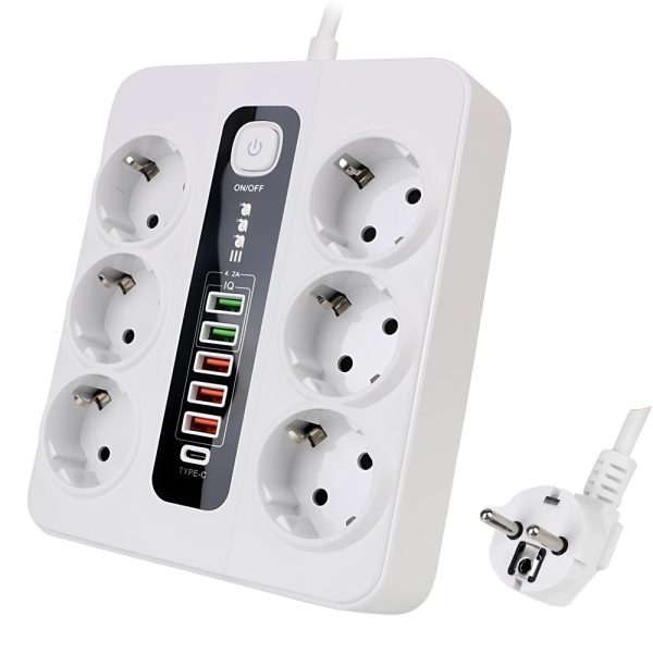 3000W elosztó 5 USB porttal és 1 C csatlakozóval – 10A, fehér színben, hő- és tűzálló kivitelezéssel (BBV)