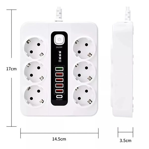 3000W elosztó 5 USB porttal és 1 C csatlakozóval – 10A, fehér színben, hő- és tűzálló kivitelezéssel (BBV)