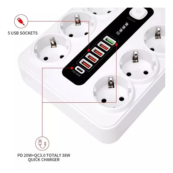 3000W elosztó 5 USB porttal és 1 C csatlakozóval – 10A, fehér színben, hő- és tűzálló kivitelezéssel (BBV)