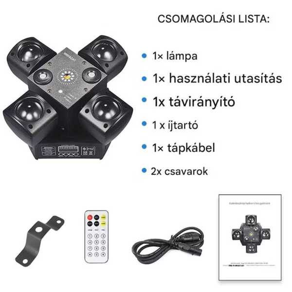4 karos lézer-LED diszkófény mozgófejes effektekkel – stroboszkóp, hangvezérlés és távirányító-48W (BBD)