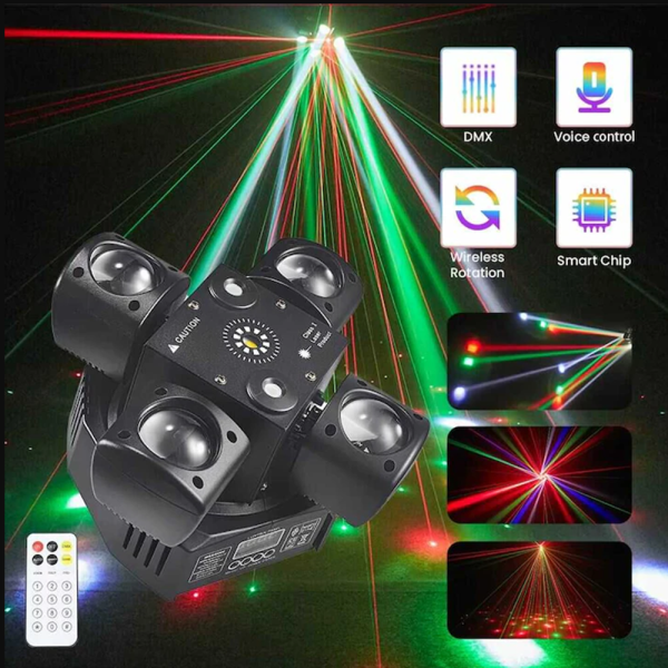 4 karos lézer-LED diszkófény mozgófejes effektekkel – stroboszkóp, hangvezérlés és távirányító-48W (BBD)