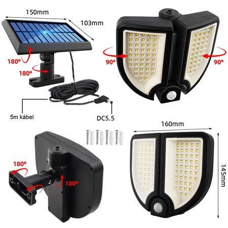 90LED-es, mozgásérzékelős forgatható napelemes lámpa távirányítóval YT-90 (THM)