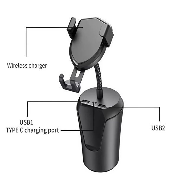 BX-8 vezeték nélküli autós gyorstöltő telefontartó – pohártartóba helyezhető, 360°-ban állítható, USB-C és két USB kimenettel (BBV)