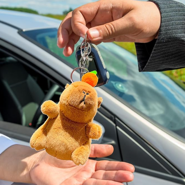 Capybara plüss kulcstartó sárgarépával– 12 cm-es aranyos állatfigura táskadísz és kulcstartó egyben (BBJ)