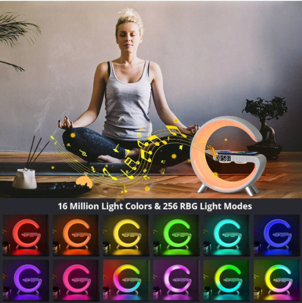 G63 Multifunkciós szórakoztató állomás – Bluetooth hangszóró, vezeték nélküli töltő, RGB LED party fény és éjszakai lámpa – 10W (BBV)