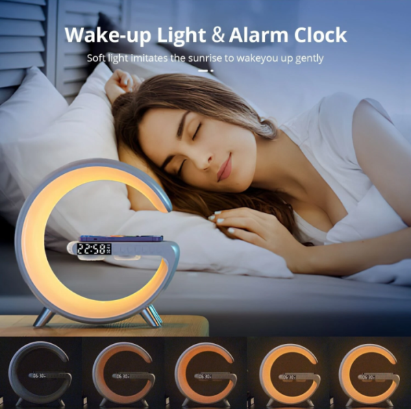 G63 Multifunkciós szórakoztató állomás – Bluetooth hangszóró, vezeték nélküli töltő, RGB LED party fény és éjszakai lámpa – 10W (BBV)