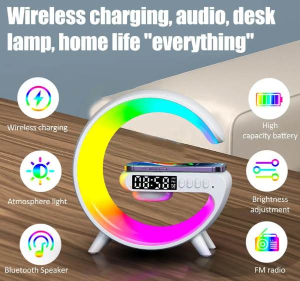 G63 Multifunkciós szórakoztató állomás – Bluetooth hangszóró, vezeték nélküli töltő, RGB LED party fény és éjszakai lámpa – 10W (BBV)