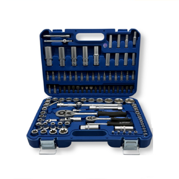 GS OPTIMUS 108 RÉSZES RACSNIS DUGÓKULCS KÉSZLET KRÓM-VANÁDIUM TARTOZÉKOKKAL, DOBOZBAN (BBD)