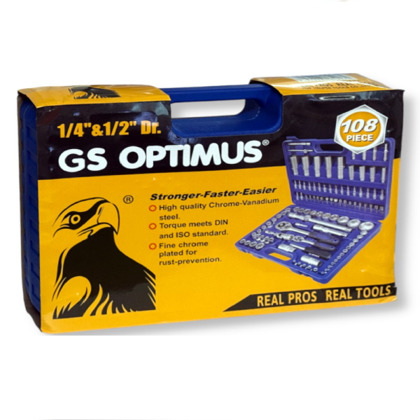 GS OPTIMUS 108 RÉSZES RACSNIS DUGÓKULCS KÉSZLET KRÓM-VANÁDIUM TARTOZÉKOKKAL, DOBOZBAN (BBD)