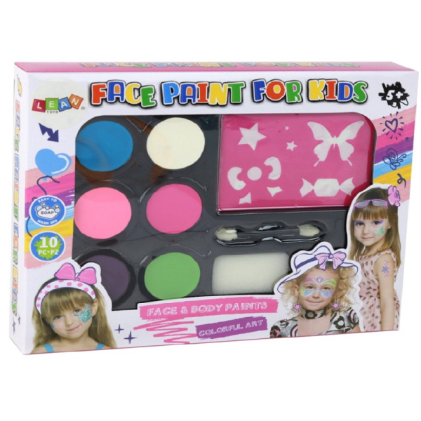 Gyerek kreatív arcfestő készlet – 6 élénk szín + sablonok a tökéletes játékhoz - választható fiús vagy lányos mintával J-4012 (BBJ)