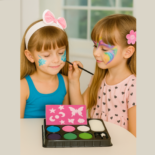 Gyerek kreatív arcfestő készlet – 6 élénk szín + sablonok a tökéletes játékhoz - választható fiús vagy lányos mintával J-4012 (BBJ)