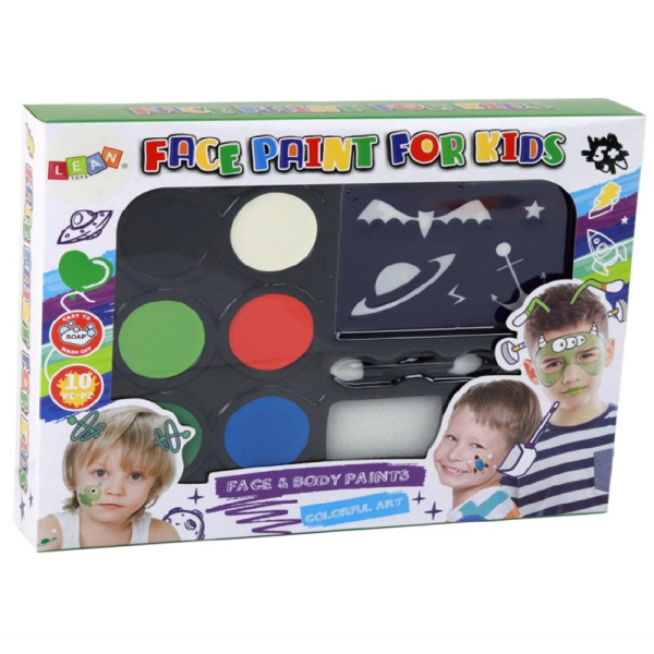 Gyerek kreatív arcfestő készlet – 6 élénk szín + sablonok a tökéletes játékhoz - választható fiús vagy lányos mintával J-4012 (BBJ)