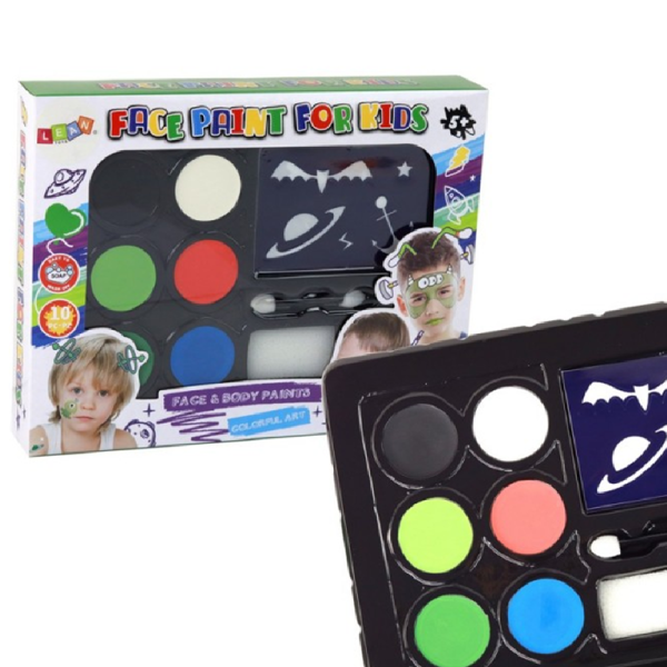 Gyerek kreatív arcfestő készlet – 6 élénk szín + sablonok a tökéletes játékhoz - választható fiús vagy lányos mintával J-4012 (BBJ)