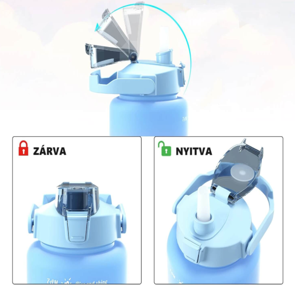 Háromrészes motivációs kulacs szett, kék-sárga-rózsaszín színkombinációban, 2L, 900 ml és 300 ml méretű palackokkal