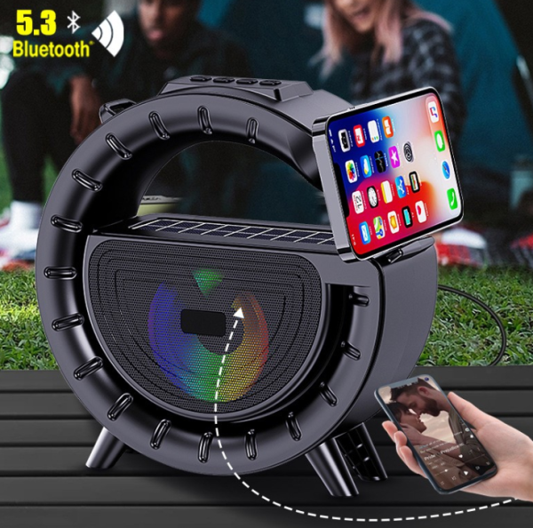 Innovatív hordozható napelemes vezeték nélküli Bluetooth hangszóró lámpával és praktikus vállra akasztható pánttal DV-800 (BBV)