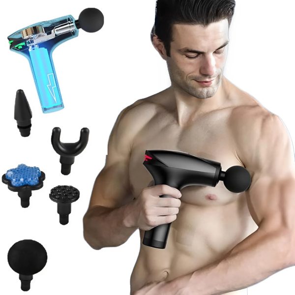 Intenzív kézi akkumulátoros izommasszírozó – 8 sebességfokozat és 5 darab masszázsfejjel a fájdalom enyhítésére (BBV)