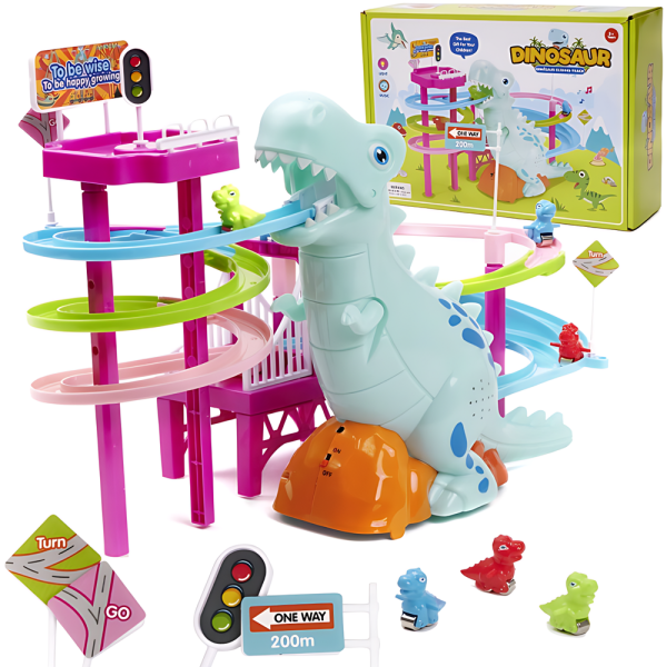 Interaktív dinoszauruszos játékpálya gyerekeknek – zenélő, színes elektromos pálya dinoszaurusz figurákkal 616-70 (BBJ)