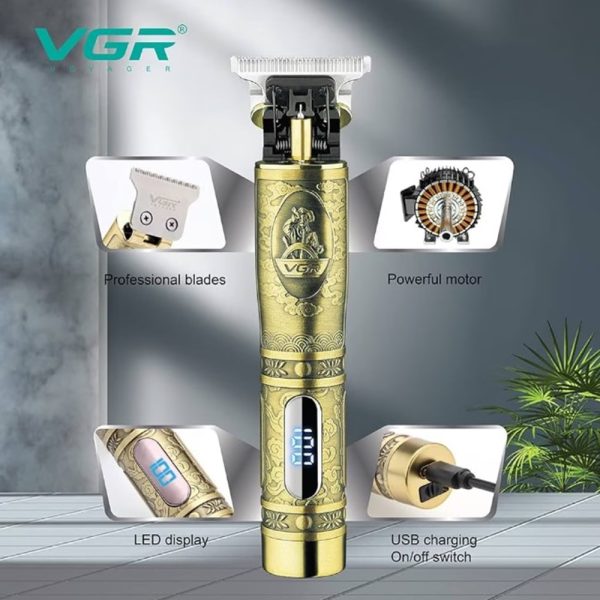 VGR-V91 gravírozott hajnyíró titánium pengével, cserélhető fejekkel és akkumulátorfigyelő LED kijelzővel (BBV)