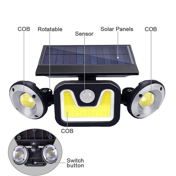 JY-1729 kültéri napelemes falilámpa 54 COB LED-del - vízálló, mozgásérzékelős szolár lámpa (BBV)
