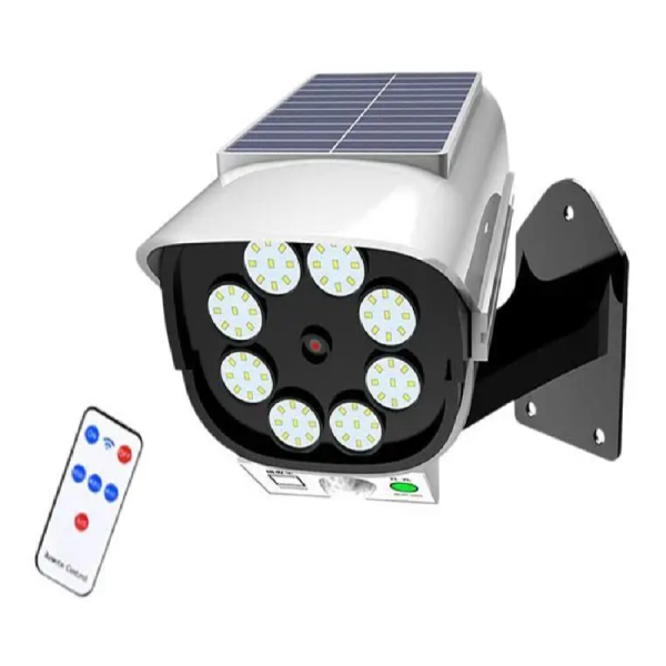 Kültéri solar napelemes mozgásérzékelős 77 LED-es lámpa és álkamera táviránytóval QG-T08 (BBL)