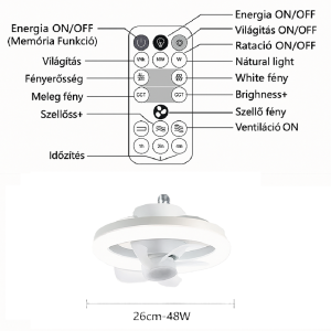 LED_mennyezeti_ventilátor_26_cm,_E27_foglalat,_távirányítóval,_3_sebesség_fokozattal,_360°_os_forgás_48W