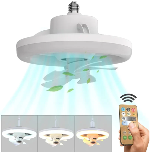 LED mennyezeti ventilátor – 26 cm, E27 foglalat, távirányítóval, 3 sebesség fokozattal, 360° -os forgás 48W (BBJH)