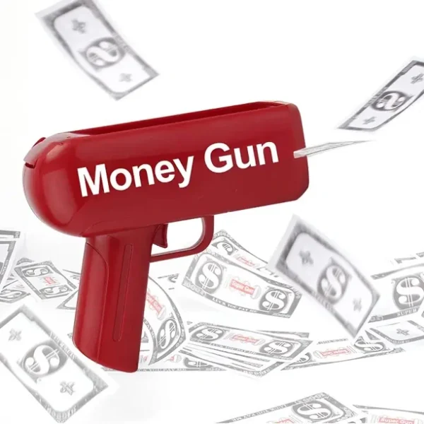 Money gun - piros színű elektromos pénzkilövő pisztoly 100 db játék bankjeggyel - esküvőre, bulira, fotózáshoz (BBJ)
