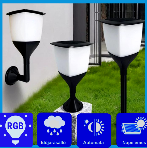 Napelemes RGB LED kerti lámpa 3 az 1-ben - Leszúrható vagy felszerelhető, beépített alkonykapcsolóval (BBV)