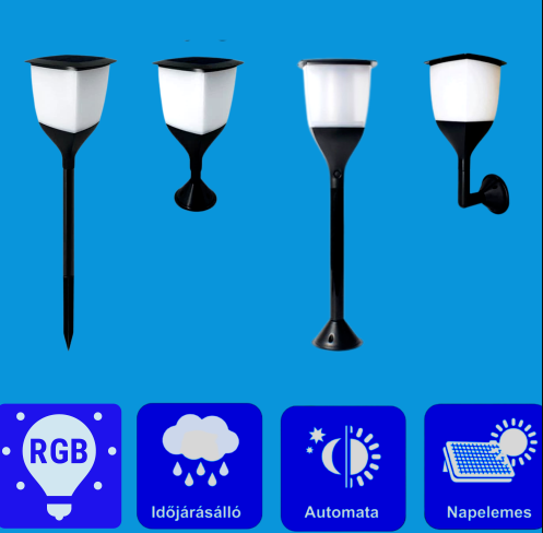 Napelemes RGB LED kerti lámpa 3 az 1-ben - Leszúrható vagy felszerelhető, beépített alkonykapcsolóval (BBV)