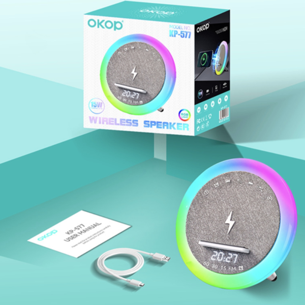 OKOP multifunkciós ébresztőóra bluetooth hangszóróval – RGB LED fény, és vezeték nélküli töltés 10W KP-577 (BBJH)