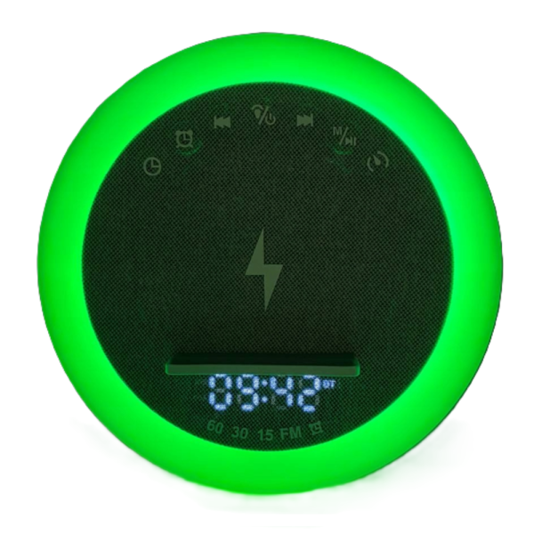 OKOP multifunkciós ébresztőóra bluetooth hangszóróval – RGB LED fény, és vezeték nélküli töltés 10W KP-577 (BBJH)