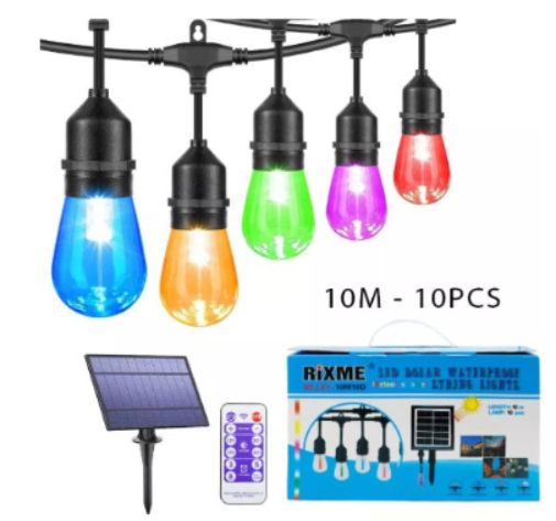 RGB 10 méteres vízálló napelemes fényfüzér világítás 10-db E27 izzóval és távirányítóval (THM)