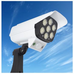 Távirányítós LED reflektor, álkamera – napelemes, mozgásérzékelős, időjárásálló, vezeték nélküli - 77 LED (BBL)