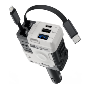 Univerzális autós gyorstöltő 66W – 4 az 1-ben töltő, kihúzható kábelek, USB, Type-C és iPhone csatlakozóval, intelligens védelemmel (BBD)