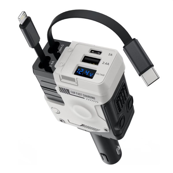 Univerzális autós gyorstöltő 66W – 4 az 1-ben töltő, kihúzható kábelek, USB, Type-C és iPhone csatlakozóval, intelligens védelemmel (BBD)