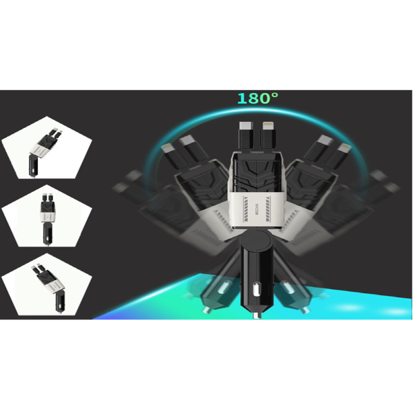 Univerzális autós gyorstöltő 66W – 4 az 1-ben töltő, kihúzható kábelek, USB, Type-C és iPhone csatlakozóval, intelligens védelemmel (BBD)