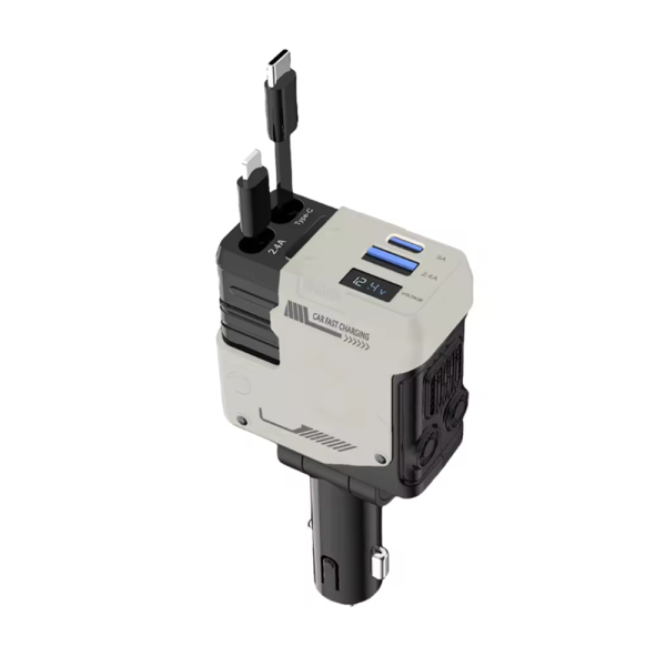 Univerzális autós gyorstöltő 66W – 4 az 1-ben töltő, kihúzható kábelek, USB, Type-C és iPhone csatlakozóval, intelligens védelemmel (BBD)