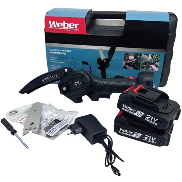 Weber akkumulátoros láncfűrész – 10 cm vágáshossz, kompakt és erőteljes, 2 db 21V-os akkumulátorral R-009 (BBD)