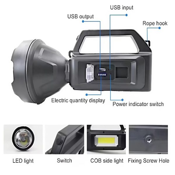 XXL napenergiás kézi lámpa 20W – 1200 lumen fényerő, 20000mAh akkumulátor, hideg fehér LED & COB technológia-YD899 (BBL)