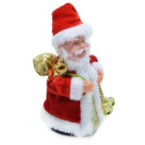Zenélő és pörgő Mikulás puttonnyal és csengettyűvel, 18 cm