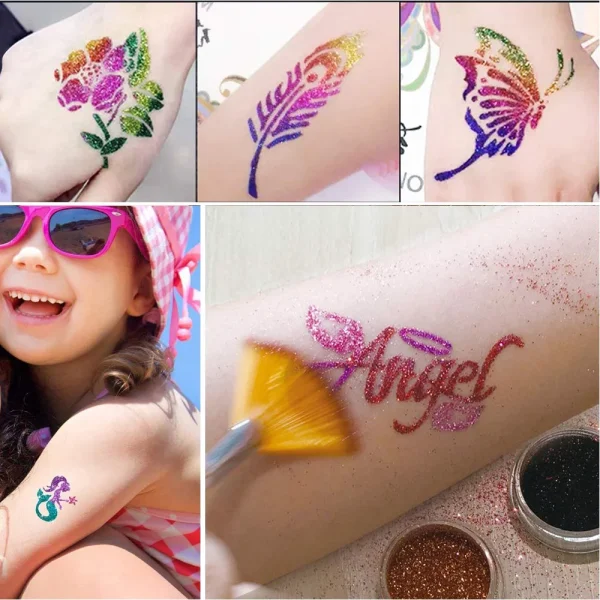Glitter tattoos kit - 24 db színes csillámporral, rengeteg felragasztható sablonnal, ecsetekkel és ragasztókkal (BBJ)