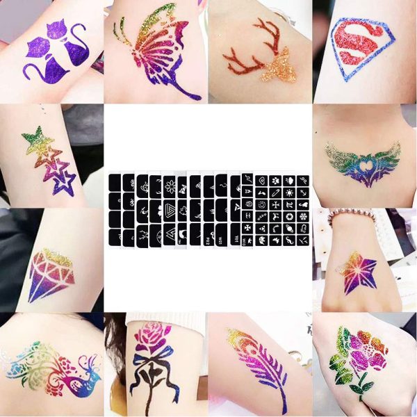 Glitter tattoos kit - 24 db színes csillámporral, rengeteg felragasztható sablonnal, ecsetekkel és ragasztókkal (BBJ)